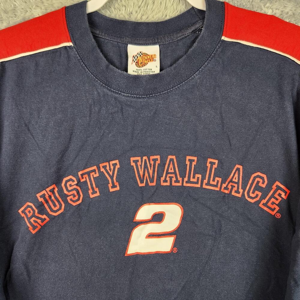 Vintage Rusty Wallace Shirt Mens Large Blue NASCAR #2 Graphic Y2k Racing Logo